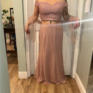 Pink Lace Off-Shoulder Two-Piece Dress